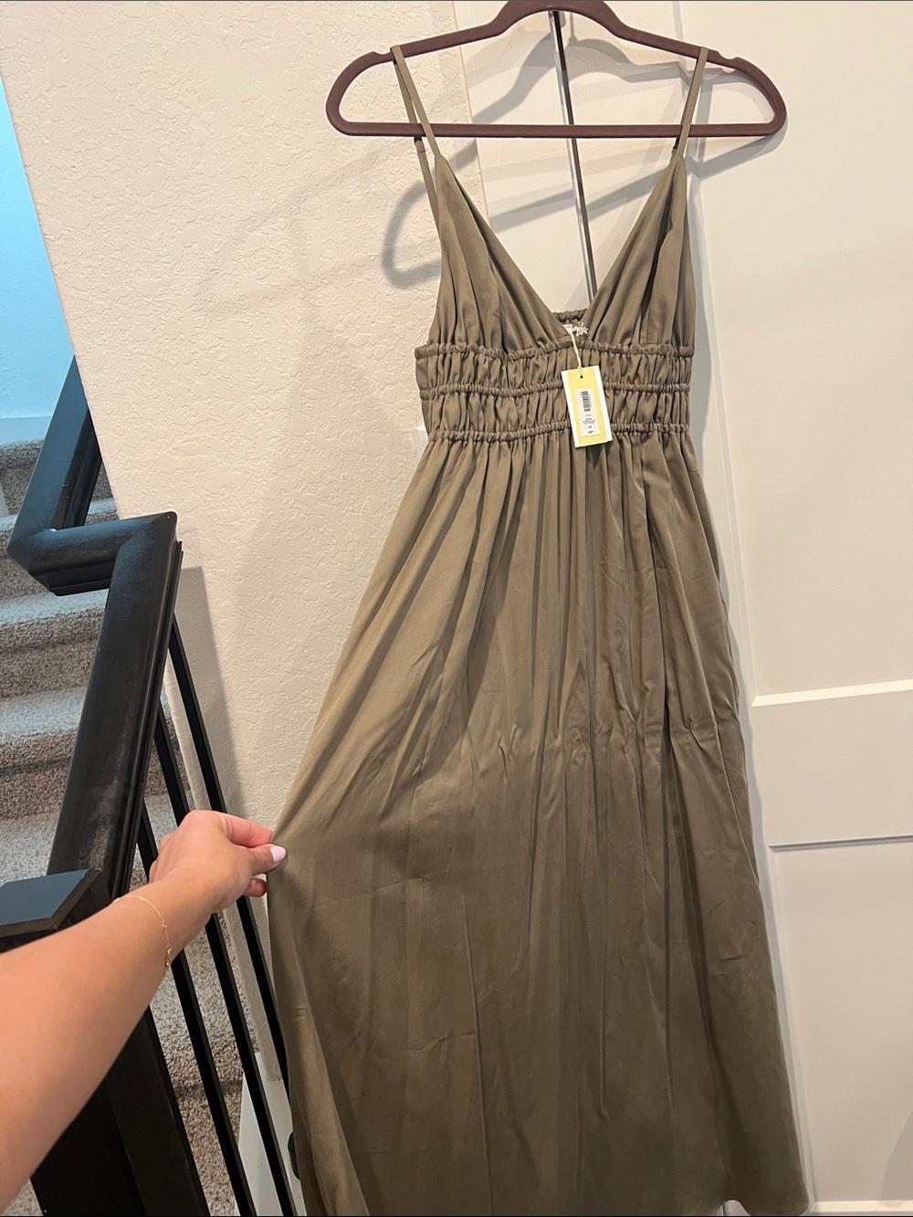 Aritzia Olive Green Midi Dress with Smocked Waist